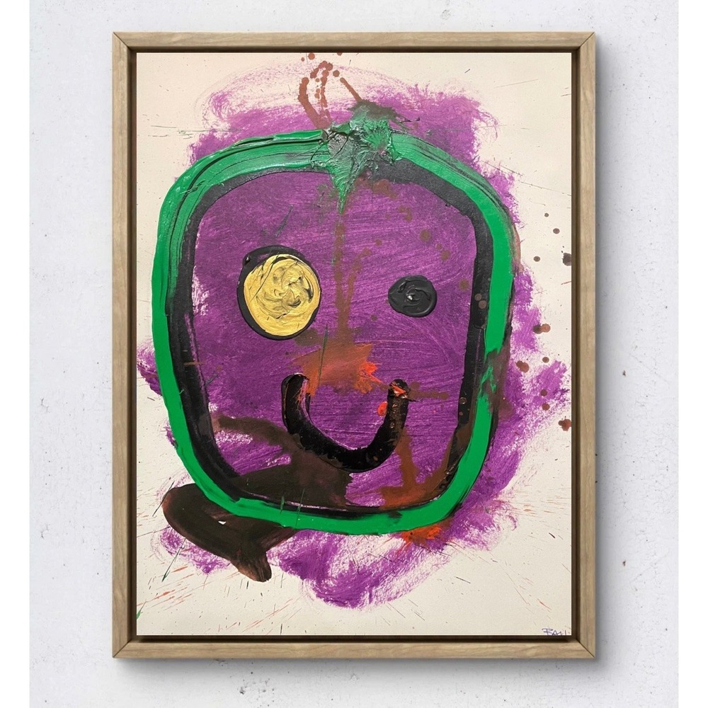 Pop Art Smiley Face Original Painting 11x14 Mixed Media Purple Abstract Decor